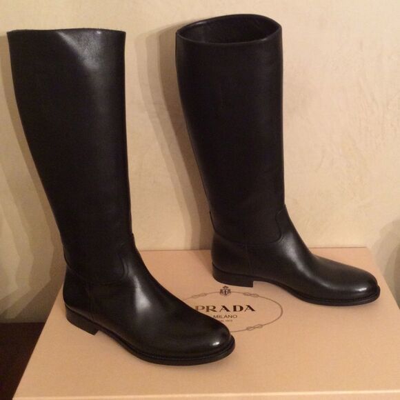 PRADA PRESTIGE CALF LEATHER HIGH KNEE BOOTS BLACK - Picture 1 of 8
